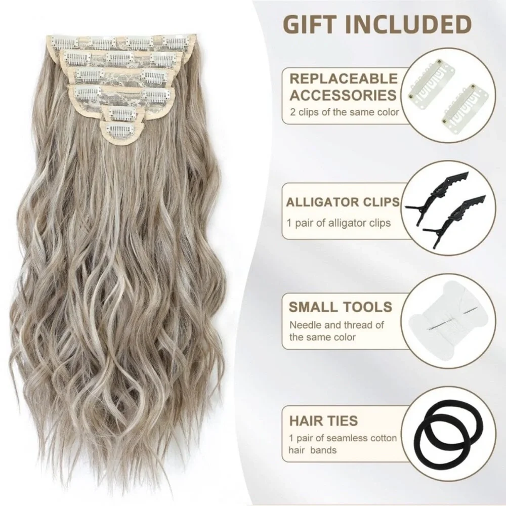 Clip-in Hair Extensions 6PCS Wavy Light Gray Ash Blonde Light Brown Thick Hair